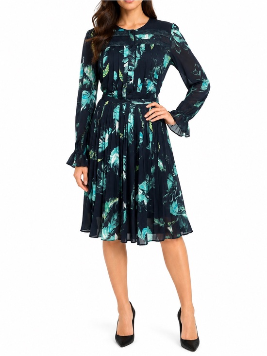 Marchesa Dresses & Skirts - Marchesa Voyage Navy Floral 100% Silk Pleated Midi dress With Lace 2